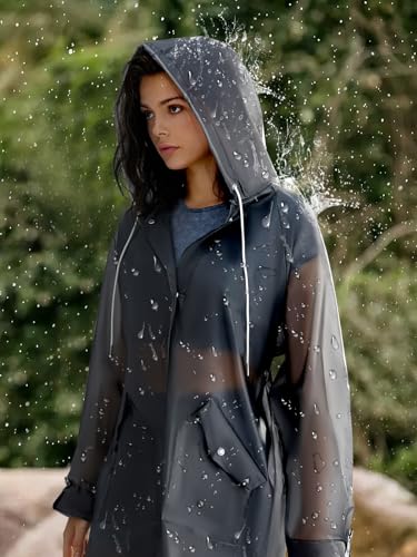 L-Rain TPU Clear Rain Coat for Women - Waterproof Packable Fashion Rain Poncho with Hood Reusable Raincoat-Black-M, Medium — view 4