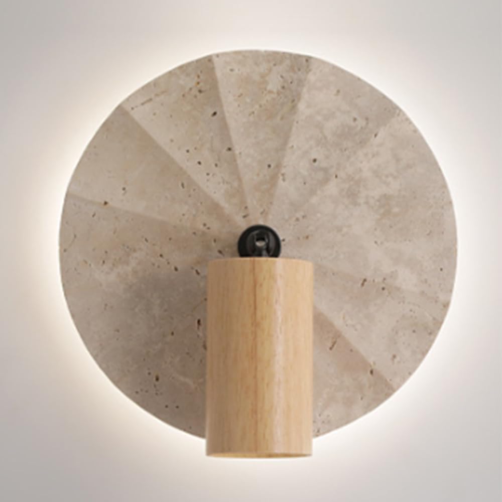 SXECAEPS Round Interior Wall Lighting Travertine Sconce, 3000K Warm Light Led Mounted for Bedroom Bedside, 350° Rotatable Wood Spotlights Stone Lamp
