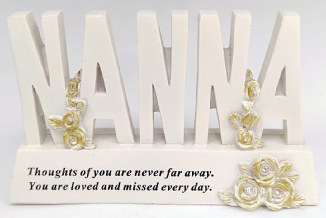David Fischhoff Ivory Nanna Memorial Plaque Graveside Ornament With Gold Rose Detail – Weatherproof Resin “Nanna” Letter Tribute Sign For Grave, Cemetery, Garden Or Indoor Remembrance Display