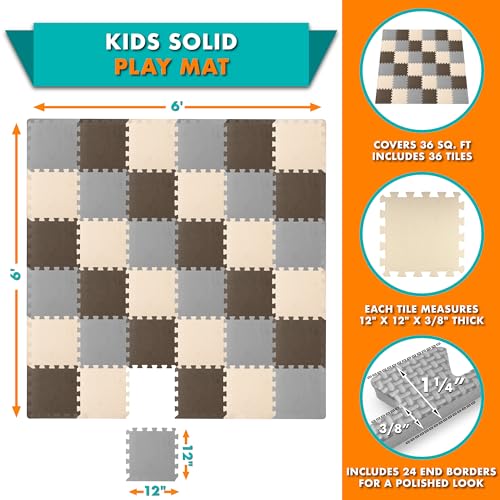 Image of ProSource Baby Play Mat, Soft Foam Floor Tiles for Kids, Interlocking EVA Panels for Playpen Use, Crawling Development Surface, Safe Non-Toxic Toddler Flooring, 36 Tiles, Brown /Beige /Gray