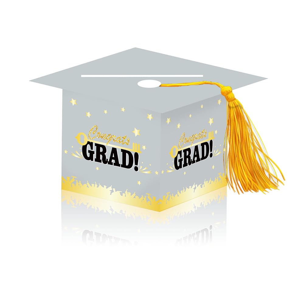 2026 Graduation Party Card Box, Gray Gold Congrats Cap Card Holder Box with Tassel for 2026 Graduation Party Decoration