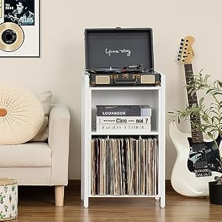YAHARBO Support de tourne-disque à 3 étagères avec rangement, support de disque vinyle blanc, support vintage pouvant contenir jusqu'à 100 albums, table de disques avec poignée pour salon, chambre à – Image 7