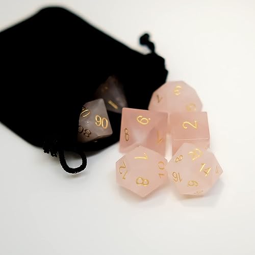 Miniatura 2 de Juego de 7 dados de piedras preciosas de cuarzo rosa, juego de dados facetados DND, bolsa de dados gratis para juego de rol de Calabozos y Dragones