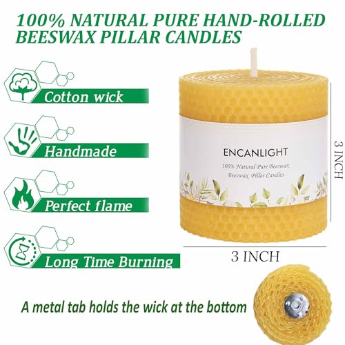 Beeswax Pillar Candles, 3x3 in Hand-Rolled Honeycomb Candle 2 Pack - Dripless and Smokeless, Approx 9 Hours Burn Time for Home Decor Party Wedding Dinner
