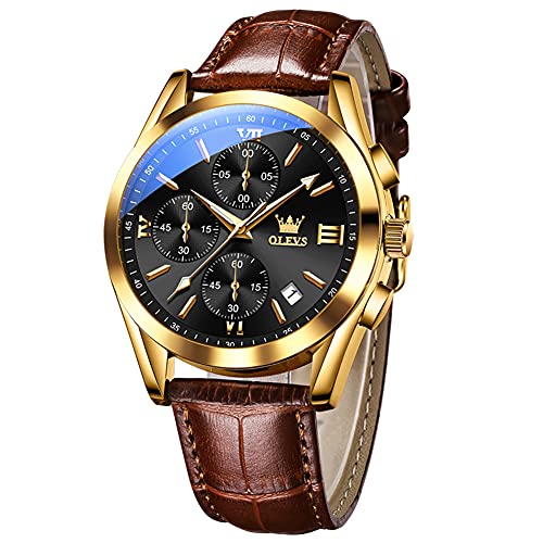OLEVS Watches for Men Chronograph Brown Leather Band Men Watch Black Dial Men's Analog Watch Roman Numerals Waterproof Luminous Calendar Mens Quartz Watch Large Wrist Reloj De Hombre