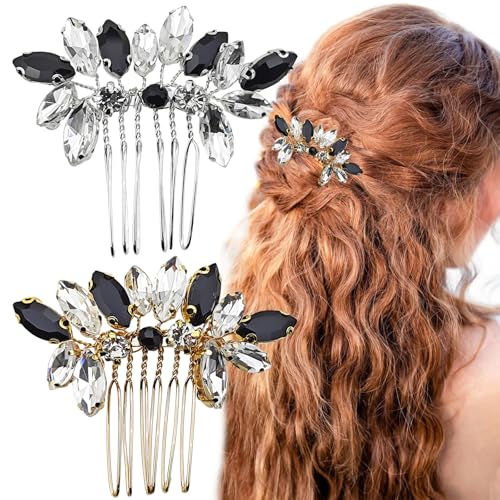 2 Pack Black Rhinestone Hair Comb for Brides Flexible Prongs