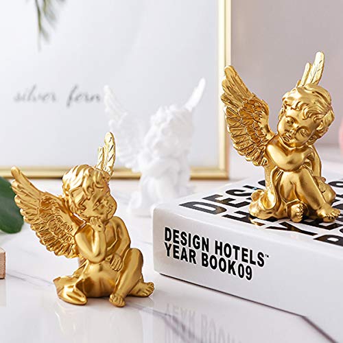 OwMell Set of 2 Cherubs Angels Resin Statue Figurine, Indoor Home Decoration, Adorable Angel Sculpture Memorial Statue 4" - Gold - Image 3