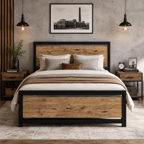 Image of Catrimown Queen Bed Frame with Headboard, Queen Metal Platform Bed Frame with Steel Slat Support, 10.5 in Storage Clearance, No Box Spring Needed, Easy Assembly, Black Brown