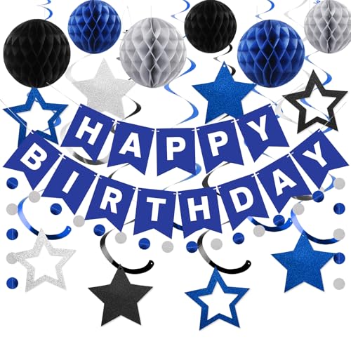 meowtastic Birthday Decorations, Happy Birthday Banner with Honeycomb Balls, Star Hanging Swirl Streamer, Circle Dot Garland, Happy Birthday Party Decorations for Women Men Boys Girls (Blue & Silver)