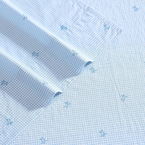 Image of Laura Ashley - Full Size Sheet Set, Soft & Lightweight Cotton Percale Bedding with Matching Pillowcases, Deep Pocket, Coastal Room Decor, College Dorm Room Essentials (Turtle Gingham Blue)