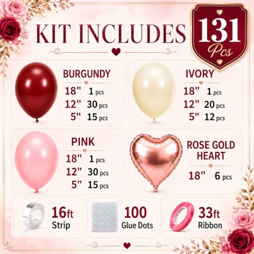 Image of Burgundy Pink Balloon Arch Kit Birthday Decorations, 131 Balloons