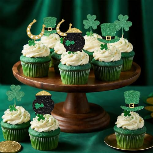 12Pcs St Patrick's Day Cupcake Toppers, Glitter Shamrock Lucky Three Leaf Clover Cupcake Picks Hat Horseshoe Cake Decorations for St Patrick's Day Party Irish Holiday Supplies - Image 5