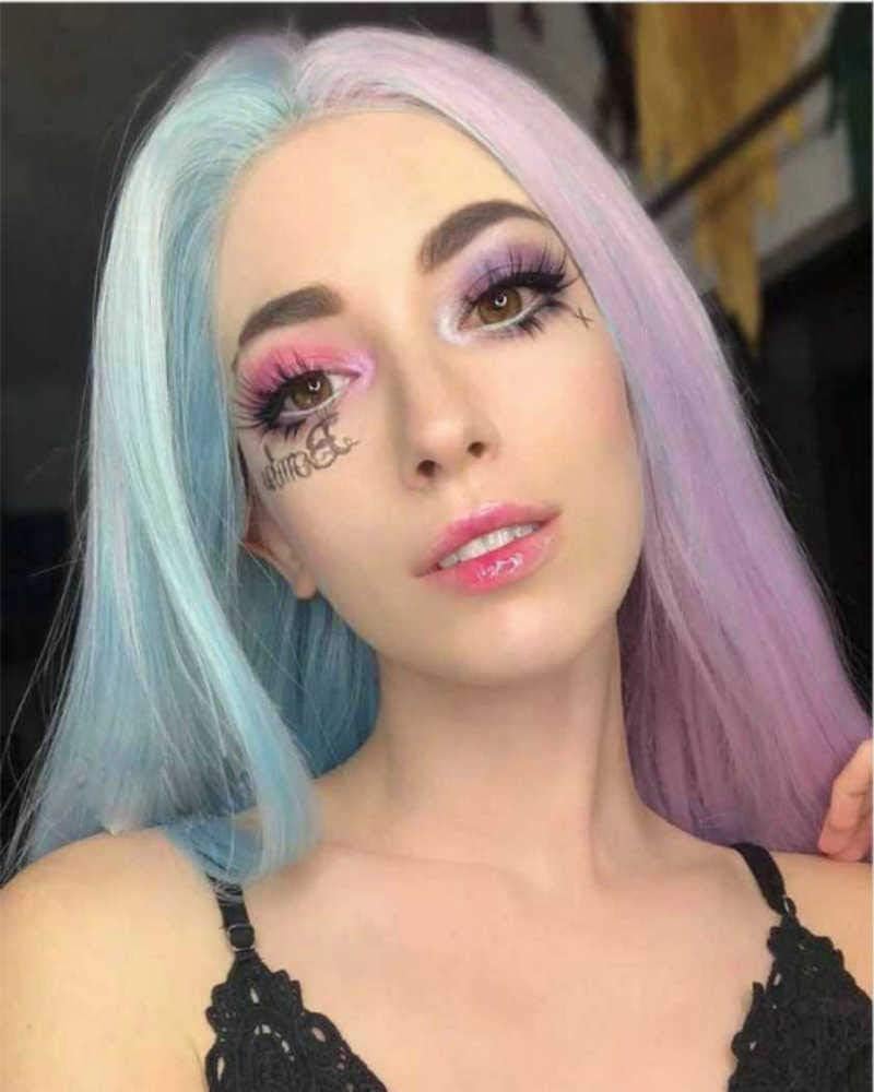 RainaHair Long Straight Half Blue Half Purple Wig Synthetic Lace Front Wigs Natural Looking Pastel Wig Hair for Women Cosplay Festival 24 Inches - Image 3