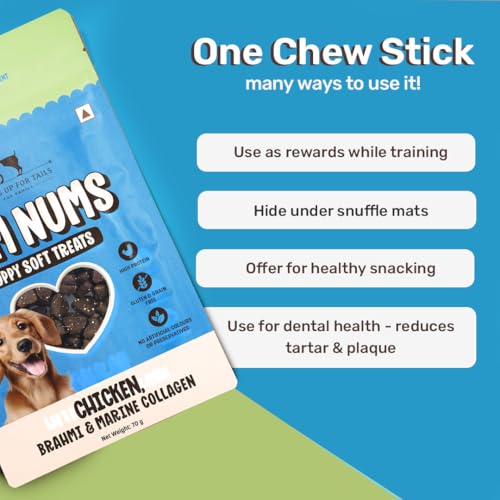 Image of Yum Nums by HUFT Soft & Chewy Sticks - 70 gm (Pack of 5) | Chicken, Brahmi & Marine Collagen Puppy Soft Treats | Healthy Dog Treats for Puppies | Puppy Training Treats | High Protein, Joint Support