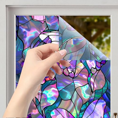Image of Nuxovilar 17.7x39 Butterfly Stained Glass Window Film, Iridescent | Iridescent butterfly stained glass window film for privacy. Static cling PVC decal for cabinets and dividers.