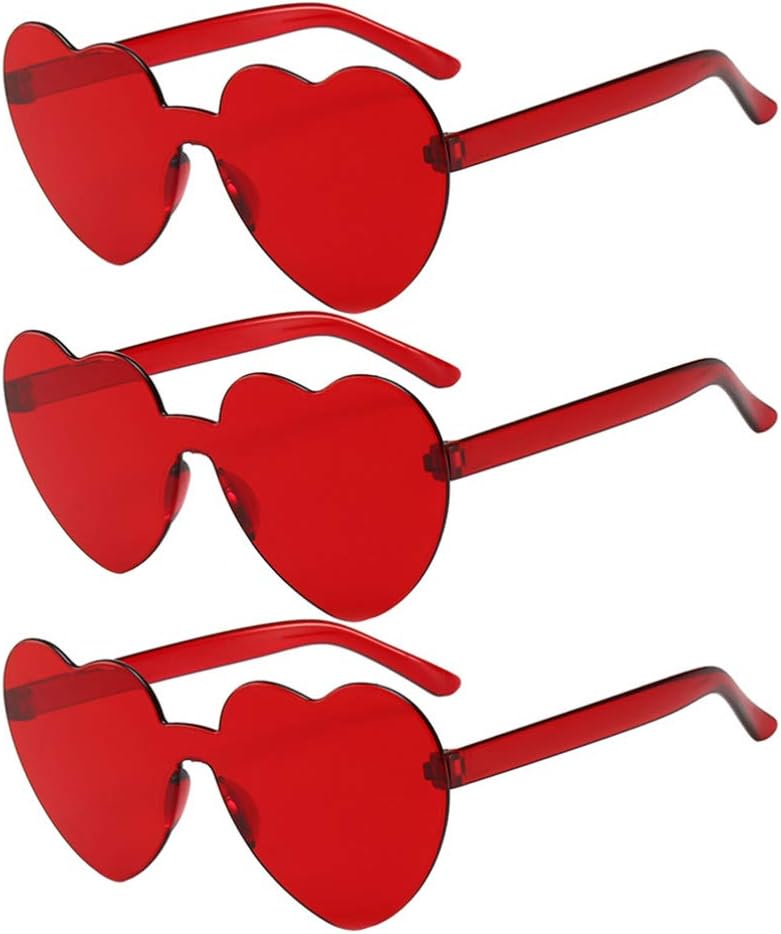 PRETYZOOM 3pcs Red Love Heart Shape Sunglasses Rimless Sunglasses for Mardi Gras Summer Party Beach Sunglasses