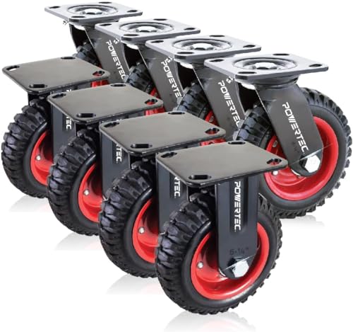 Image of POWERTEC 6 Inch Caster Wheels Set of 8 (4 Swivel & 4 Fixed), Heavy Duty Rubber Casters Knobby Tread for Workbench, Dolly, Cart, Trolley, Wagon, Toolbox and Chicken Coop, Large Castor Wheels (17054-P2)