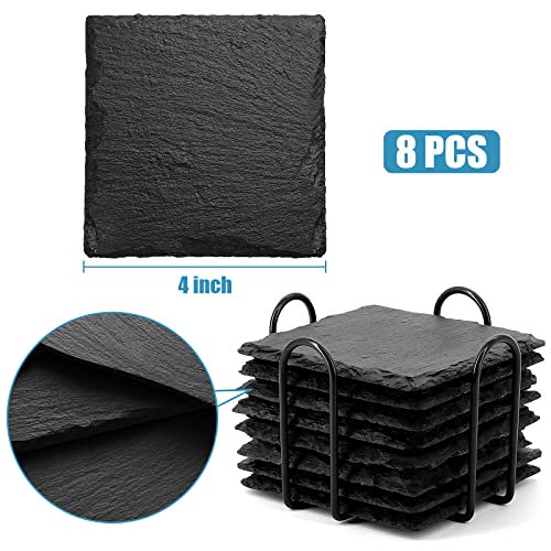 Slate Stone Coasters, 8 Pieces Square Drink Coaster Handmade Natural Coaster Diy Stone Coasters For Drinks Cup Coaster For Drink Bar Kitchen And Home Decor, 4 X 4 Inches #TOP1