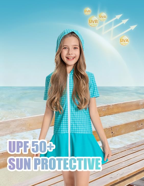 Image of Girls Sun Protective Swim Cover Up Hooded with Full-Length Zipper Short Sleeve UPF 50+ Beach Dress Coverup