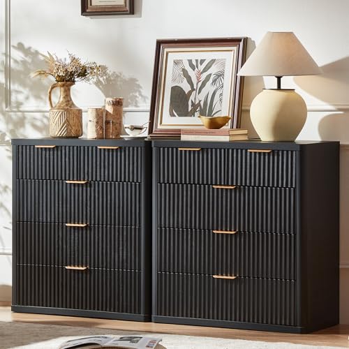 Image of LEYAOYAO Fluted 5 Drawers Dresser for Bedroom Set of 2, 34 inch Tall Modern Chest of Drawers with Metal Handle, Curved Profile Design,Black Wood Drawer Organizer for Bedroom, Living Room, Hallway