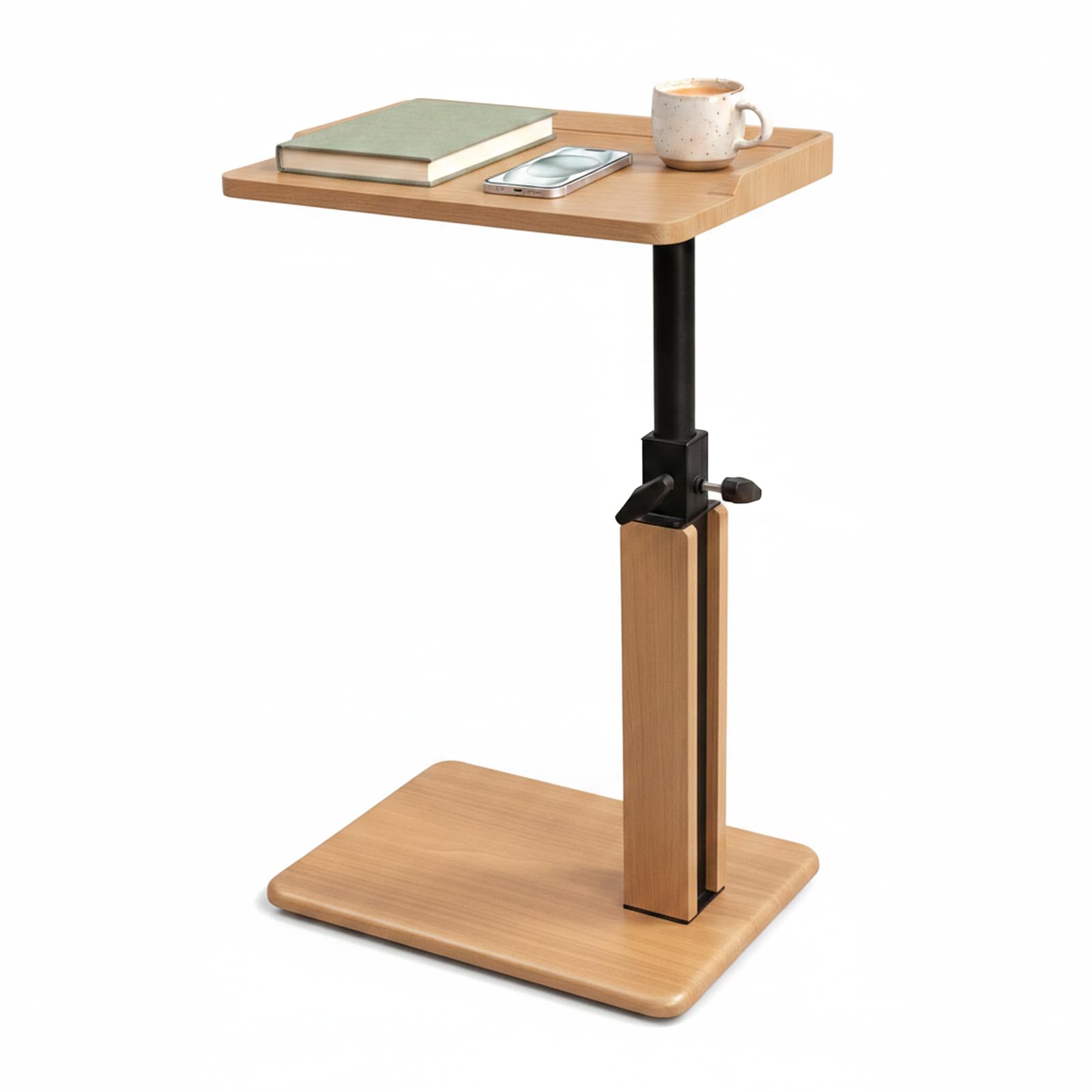 Mesa Auxiliar Tipo C para Sofá y Cama, Mesita Auxiliar Regulable en Altura 45-80 cm, Mesa para Sofá con Bandeja de Bordes Elevados, Mesa Auxiliar Salón Dormitorio Espacios Pequeños, Roble Claro