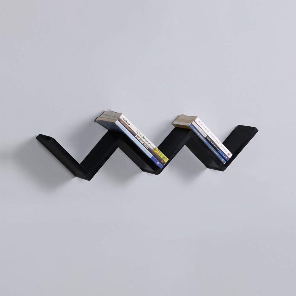 Woodsy W Shape Wooden Wall Mount Book Shelf Zigzag Wall Shelf - (Black Laminated)-image-7