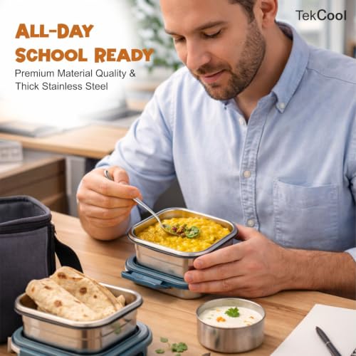 Image of TEKCOOL Stainless Steel Lunch Box with Bag | Set of 3 (400 ml Each), Square | Tiffin Box for Office, School & College