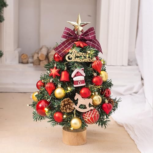 Pequeños adornos de escritorio para árbol de Navidad | Árbol de Navidad en miniatura de 45 cm con luces y bases de madera | Árbol de Navidad artificial luminoso para decoración de mesa del hogar