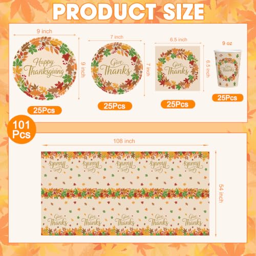 101 Pcs Thanksgiving Plates and Napkins, Maple Leaf Thanksgiving Paper Plates Napkins Cups Tablecloth Set, Disposable Give Thanks Dinnerware for Autumn Harvest Thanks Giving Party Decorations Supplies - image 2