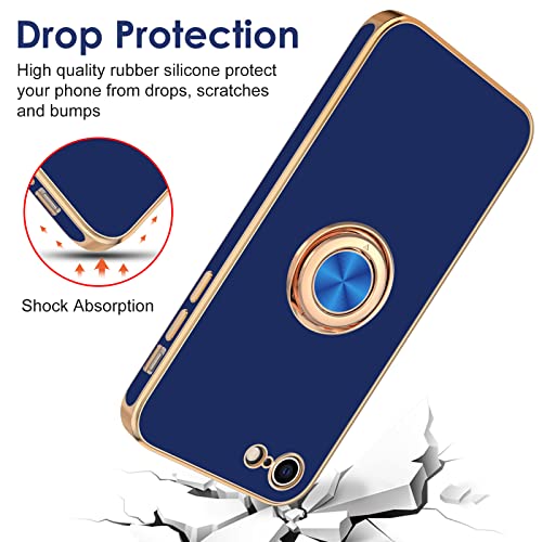Image of Hython Case for iPhone SE Case 2022 /2020, iPhone 8 7 Case Ring Holder Stand Magnetic Kickstand, Plating Rose Gold Edge Soft TPU Bumper Cover Shockproof Protective Phone Cases Women Girls Boys, Blue