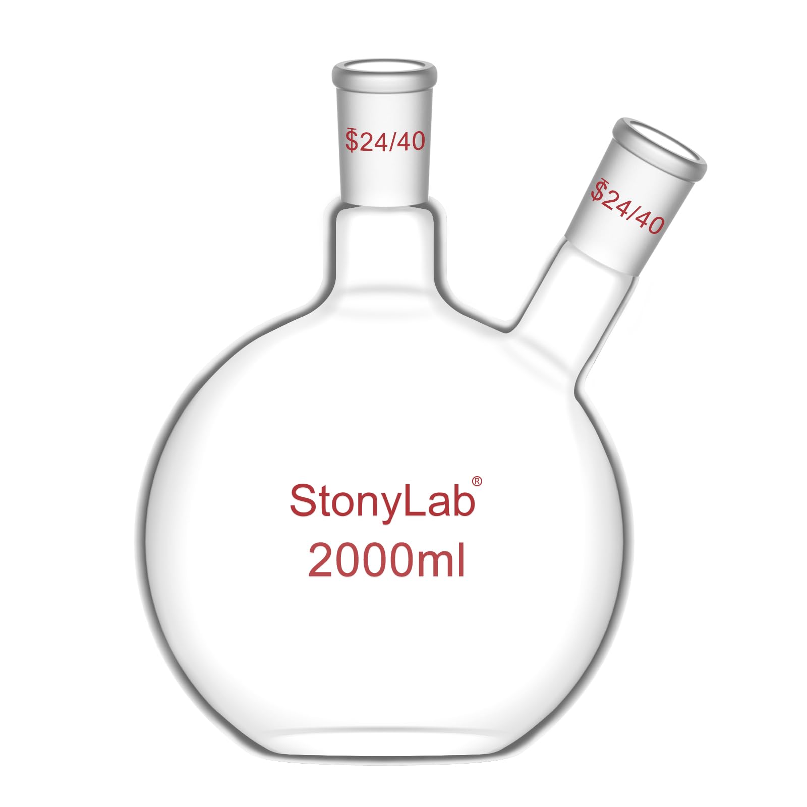 stonylab Flat Bottom Flask FBF, Heavy Wall 2-Neck Lab Flask Borosilicate Glass Flat Bottom Boiling Flask with 24/40 Standard Joint, 2000 ml (2 L)