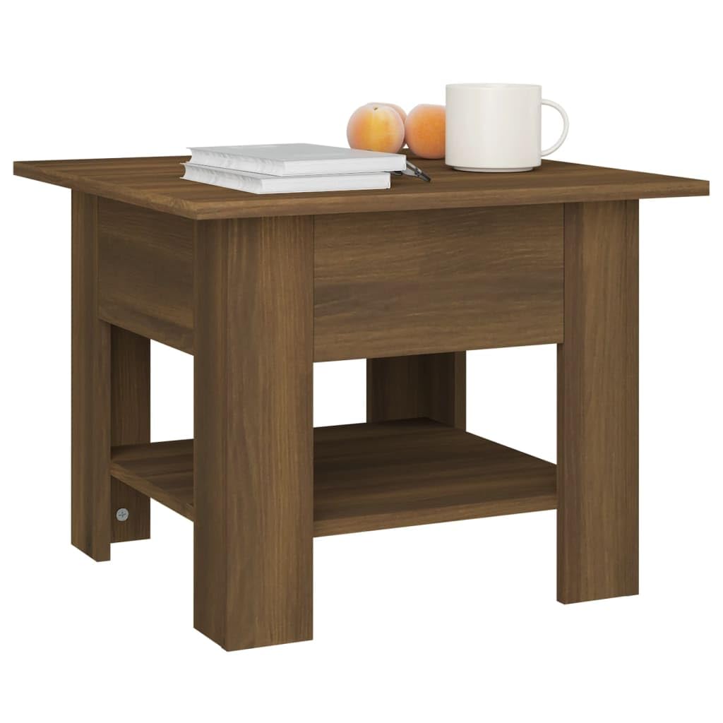 Mesa de centro en aspecto roble marrón, 55 x 55 x 42 cm, de material de madera, con estante, para salón y mobiliario moderno, fácil de limpiar