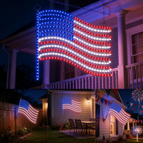 Image of LED American Flag Lights for Wall Pole, Light Up US Flags, 24 inchx21.65 inch Lighted Flag with 340 LEDs Red, Blue, White Colors, Waterproof Banner for Indoor Outdoor Memorial Day Daily Decor