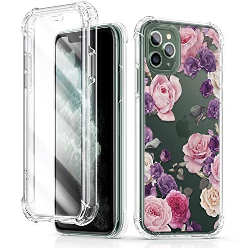 GVIEWIN Floden Series iPhone 11 Pro Case 5.8 Inch 2019, [Built-in Tempered Glass Screen Protector] Full-Body Clear Flower Rugged Bumper Shockproof Floral Bundle Phone Cover (Rose/Pink)