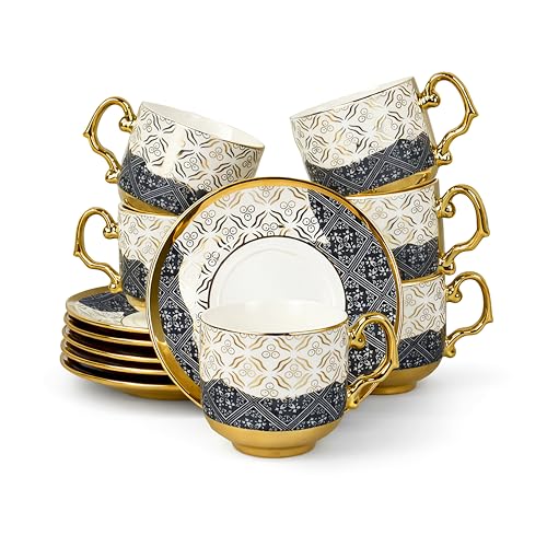 Image of NFI essentials Ceramic Cup & Saucer Set of 6 Pcs, Tea /Coffee Cup, Microwave & Dishwasher Safe, Premium Mug Perfect for Daily Use, Office, Gifting Elegant Golden Color Design 200ML