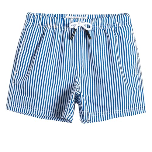 MaaMgic Kleine Jungen Badeshorts Schnelltrocknend Boardshorts mit Mesh-Futter Taschen und Verstellbarem Tunnelzug MEHRWEG, Blau Gestreift, 10-12 Jahre