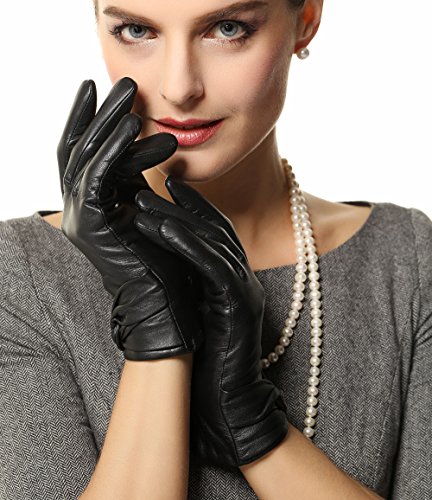 Warmen Women's Lambskin Leather Cold Weather Gloves with Crossing Bow (7, Black (Touchscreen Function/Wool Lining)) - Thumbnail 4