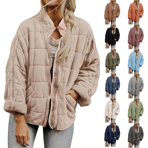Women's Quilted Lightweight Jackets Puffer Jacket Stand Neck Loose Casual Winter Coat Zip Up Outerwear Pockets