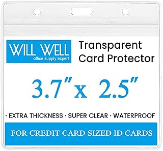 Will Well ID Badge Holders with Holes for Lanyards and Keyrings - Horizontal Clear Plastic 3.7" x 2.5" Inner Size Sleeves Fit Up to 3 Cards, 0.8mm Thick Waterproof Resealable Zip Type - 6-Pack