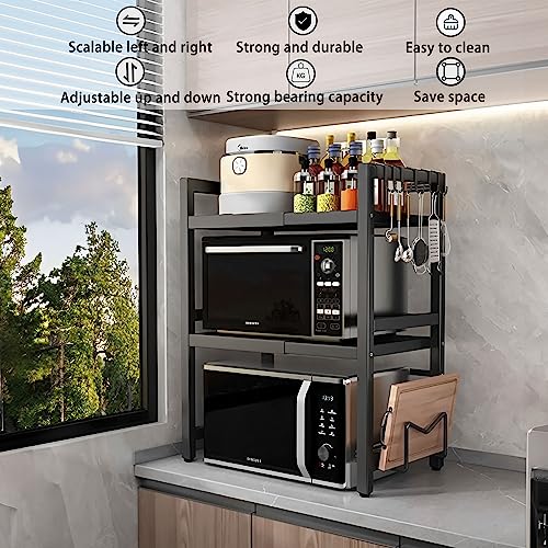 devesanter Expandable Microwave Oven Rack 3 Tier microwave shelf, with 6 hooks Adjustable Width & Height Kitchen Counter Organizer Shelf Stand, Pot Pan Grill Storage Racks, Width 40-64cm Black - Image 5