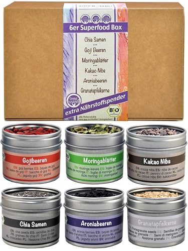 direct&friendly | Bio Superfood Geschenkset | Aronia, Chia, Goji, Kakao Nibs, Granatapfel, Moringa...