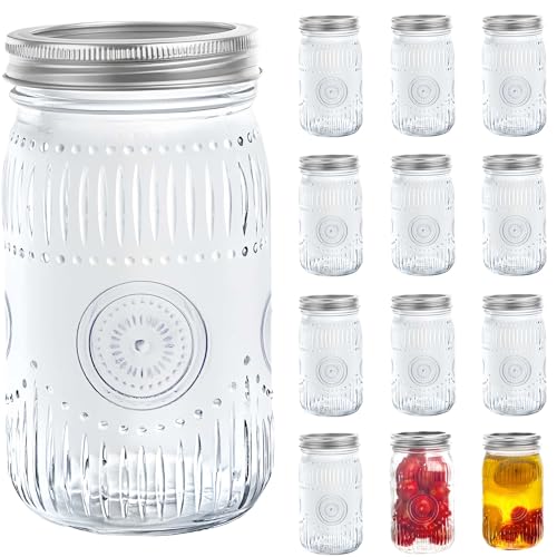 Amzcku 32oz Vintage Mason Jars with Lids, Wide Mouth Quart Canning Jar 12 Pack