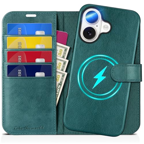 TUCCH Case for iPhone 16 (6.1") 2024, [Detachable] 2 in 1 Wallet Stand Cover with[RFID Blocking][Wireless Charging][Card Holder][Kickstand] Shockproof Magnetic PU Leather Removable Folio, Teal Blue