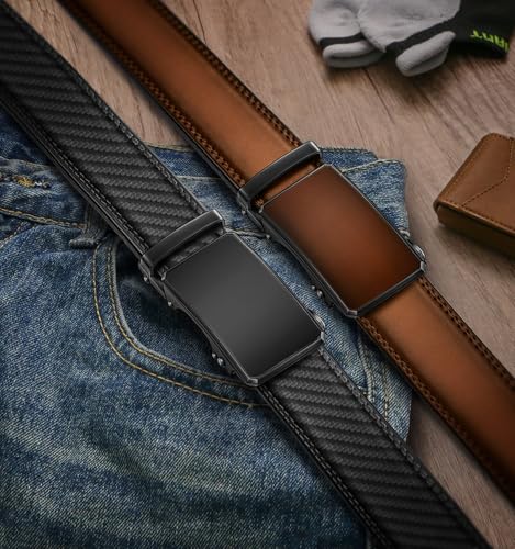 Image of KEMISANT Men Belt 2 Pack, Leather Ratchet Belt Easy Click Slide For Men 1 3 /8 inch,Cut for Fit