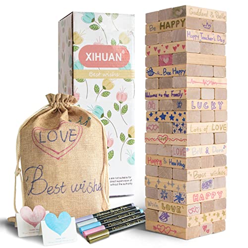 Tour en Bois Comme Livre d'or de Mariage, Livre or Mariage Original avec 54 Blocs, Un Sac de Rangement et 5 Marqueurs Métalliques et 12 Carte de Mariage - Comme Alternative Livre d'or Mariage Bois Cover
