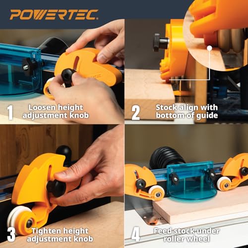 Image of POWERTEC Adjustable Roller Stock Guide, One Way Bearing Stock Feeder Tool - Reduce Kickback & Increase Shop Safety - For Table Saw, Router Tables, Band Saws, Auxiliary Fence w /T-Slot Mount (71935)