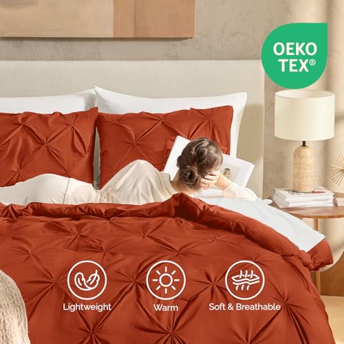 Image of Andency Queen Pinch Pleat Comforter Set (90 inchx90 inch),3 Piece Lightweight Pintuck Bedding Comforters & Sets, Fluffy Down Alternative Comforter with 2 Pillow Shams for All Season,Terracotta