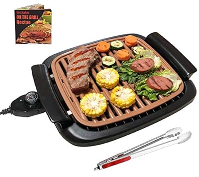Nonstick Electric Indoor Smokeless Grill - Portable BBQ Grills with Recipes, Fast Heating, Adjustable Thermostat, Easy to Clean, 21" X 11" Tabletop Square Grill with Oil Drip Pan, Black