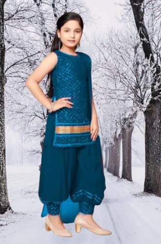 Image of Girls Ethnic Wear Embroidery Cotton Blend Kurti Patiala Set with Dupatta - Traditional Indian Outfit for Birthday Anniversary Festive Gift Occasion Gift Rakshabandhan Rakhi Diwali Wear