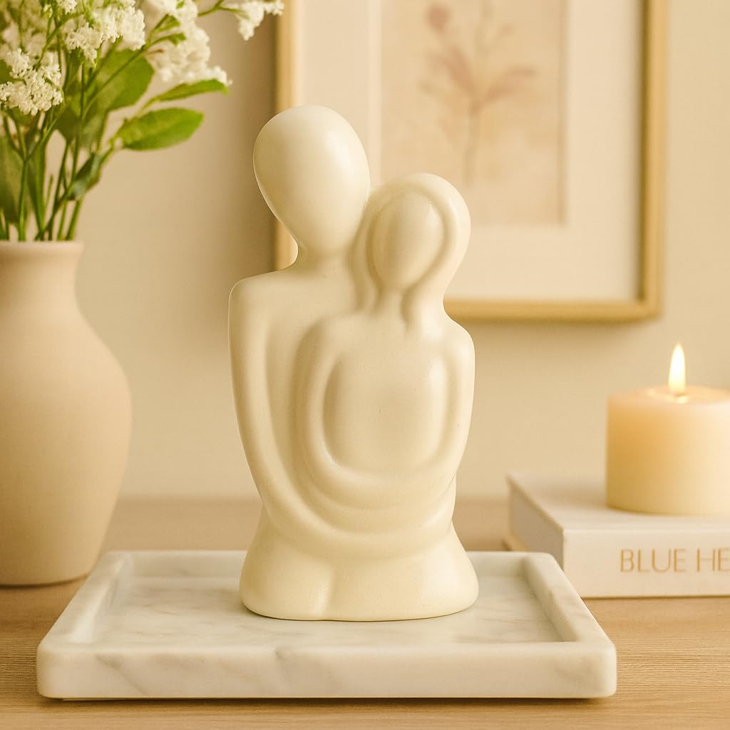 Ceramic Romantic Hugging Couple Statue/Figurine, Home Decor, Pack of 1 (White)
